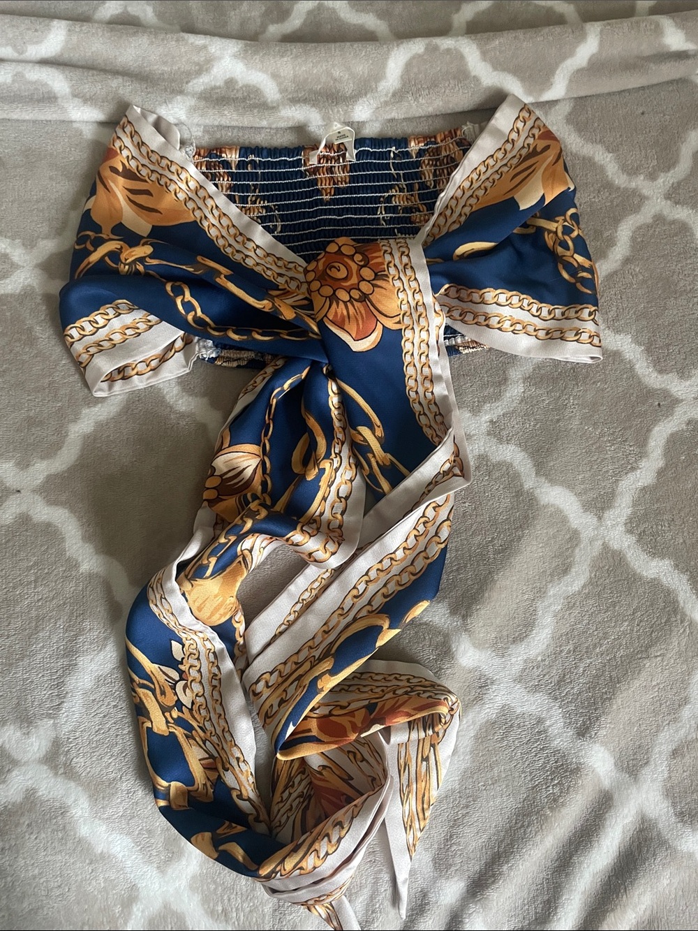 Navy & Gold Chain Print Silk Scarf Top